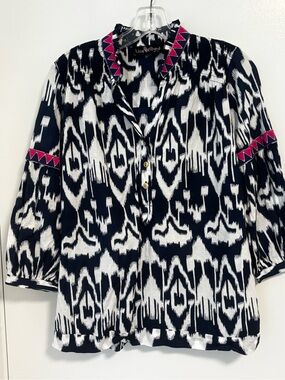 Liza Byrd Navy  and White Ikat Tunic with Pink Trim